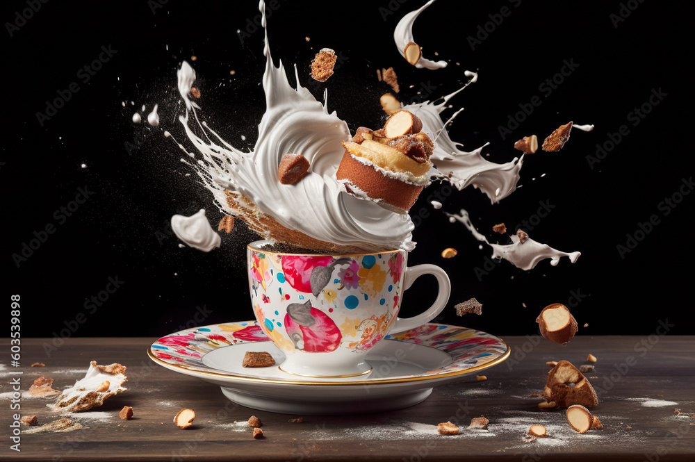 Poster a cup of coffee with a splash of milk on top of it. generative ai. weird and ugly food styling, unco