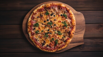 top view of pizza on wood background
