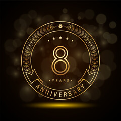 8th anniversary logo with golden laurel wreath and double line numbers, template design for anniversary celebration event, double line style vector design
