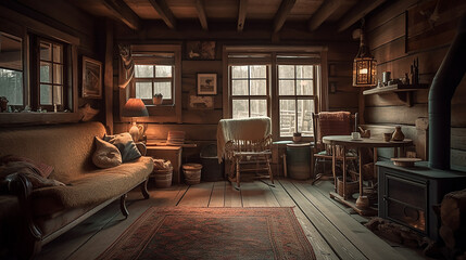 Fototapeta na wymiar Cozy Earthtones - Cozy Cabin Living Room with Earthy Finishes and Natural Wood Furniture in Warm Earth Tones