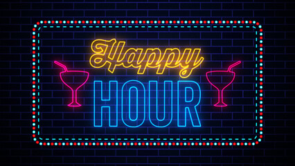 Festive Happy Hour Lettering Glowing Light Neon Sign With Dotted And Dashed Border Lines On Dark Blue Brick Wall Background