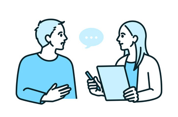 カウンセラーに話を聞いてもらうビジネスパーソン。カウンセリングを受ける男性のイラスト素材。