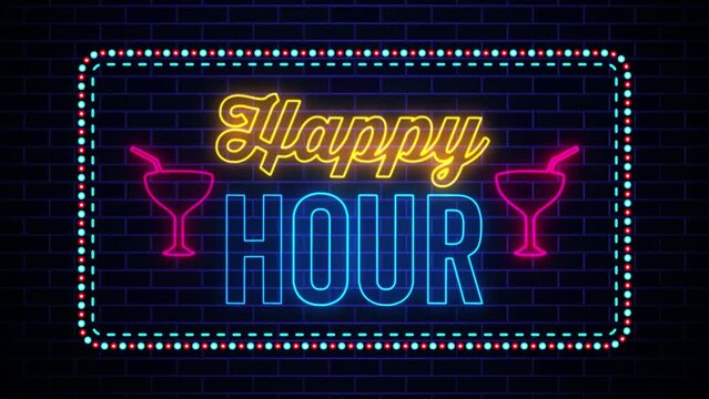 Flickering Happy Hour Lettering Glowing Light Neon Sign Reveal With Dotted And Dashed Border Lines Rotating On Dark Blue Brick Wall Background, Seamless Loop