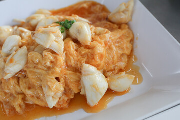 Stir Fried crab meat with curry powder. seafood cuisine and food travel. Thai food thai cuisine food on dish, Copy space.