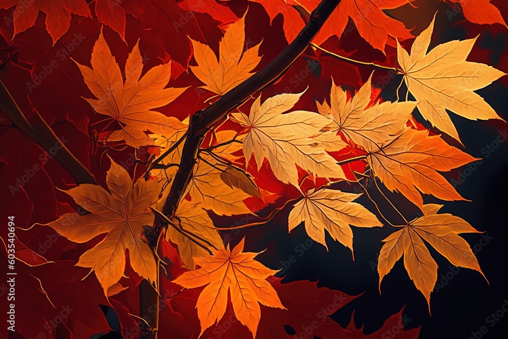 Poster red and orange maple leaves in the fall generative ai