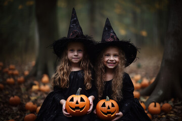 Smiling caucasian girls in witch costume for Halloween. Generative AI.