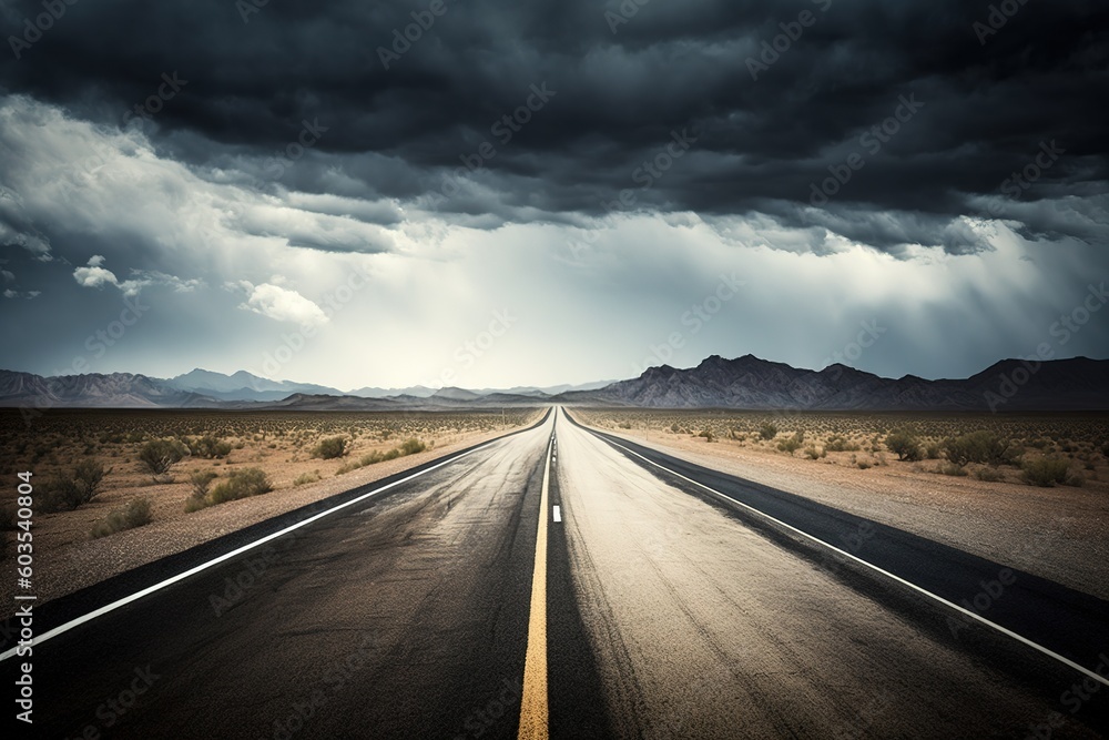 Poster good asphalt road and hazy sky on an empty highway. generative ai