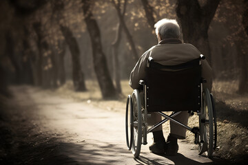 Obraz premium Lonely senior citizen man in wheelchair in a park. Generative AI.