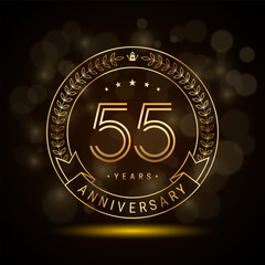 55th anniversary logo with golden laurel wreath and double line numbers, template design for anniversary celebration event, double line style vector design