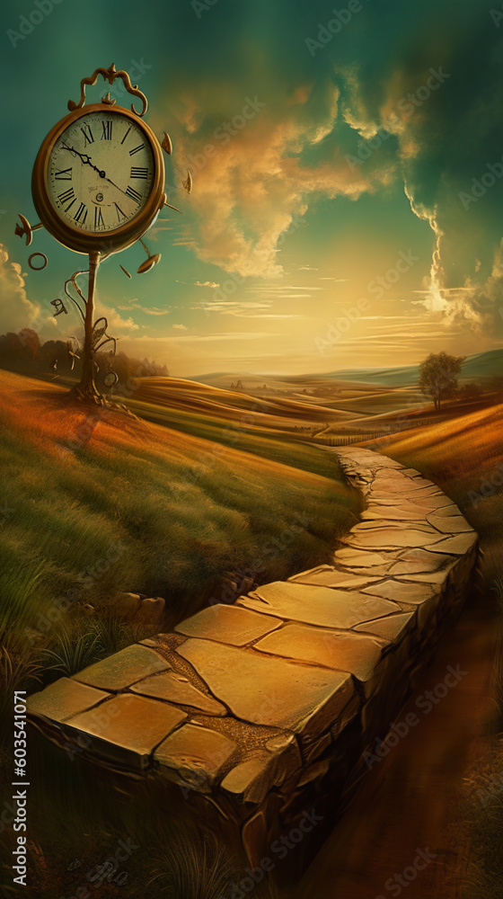Poster a painting of a clock in the middle of a field. generative ai. surreal landscape with clocks.