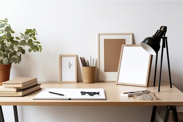On a white table with books, a flower pot, glasses, and a blank wooden picture frame. office desk at home. Generative AI
