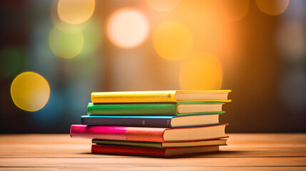 Fototapeta premium A stack of colorful books sitting on top of a wooden table Generative Ai