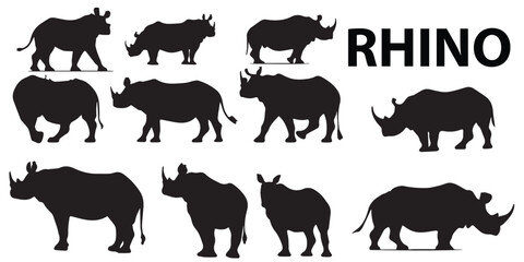 A black and white picture of rhinos silhouette vector set.