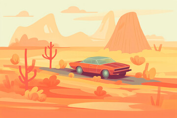 Fototapeta na wymiar A red car driving down a desert road flat design vector style illustration Generative Ai