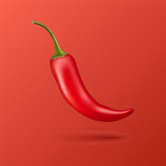 Vector 3d Realistic Red Whole Flying Fresh and Hot Chili Pepper Closeup Isolated on Red Background. Spicy Chili Hot Pepper Design Template. Front View. Vector Illustration