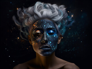 A woman's face paint with stars and the universe 
isolated on a black background Generative Ai