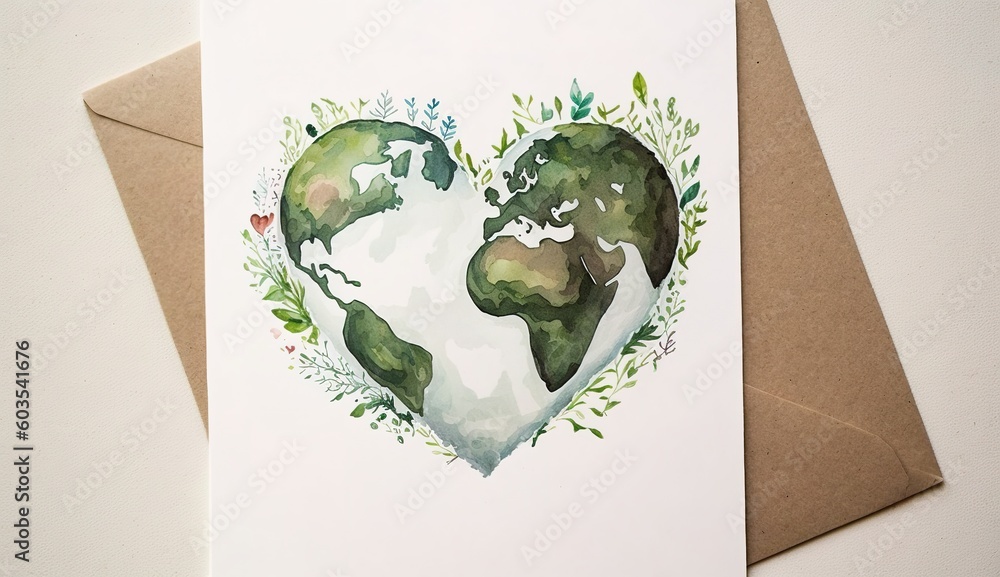 Poster conservation greeting card with a globe in the form of a heart. generative ai