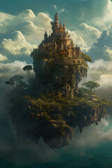A floating island with a castle in the middle of it Generative Ai - obrazy, fototapety, plakaty