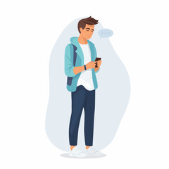 Young Man, Boy, Teen is Looking on Smartphone and Chatting. Happy Guy, Man in Blue Jacket Coat Talking, Typing on Phone. Full Body Flat Cartoon Character in Casual Clothes. Vector Illustration
