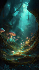 Mushrooms in a magical forest Generative Ai