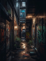 Fototapeta premium A dark alley with graffiti all over the walls Generative Ai