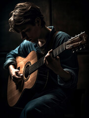 Obraz na płótnie Canvas A man playing a guitar in a dark room Generative Ai