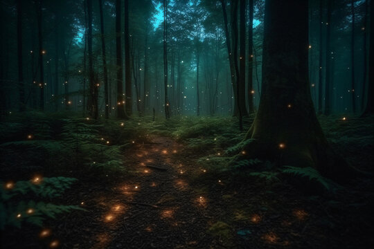 A path in the middle of a forest filled with fireflies Generative Ai