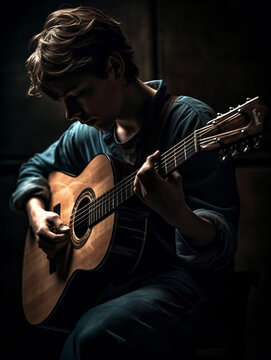A man playing a guitar in a dark room Generative Ai