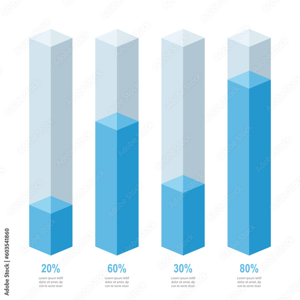 Poster blue square slim chart bars, modern 20% 30% 60% 80% number text infograph. info graphic flat design 