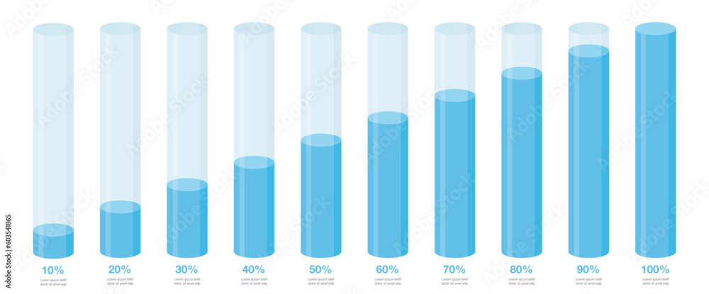 Poster simple blue round slim chart bars template, clear 10%-100% infograph layout. graphic flat design int