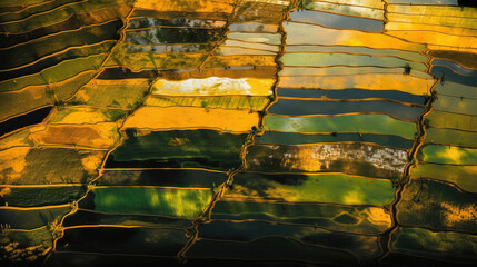 Aerial view of green rice paddy field farming cultivation in agricultural land