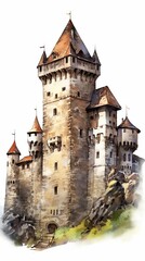 Fototapeta premium A medieval fantasy castle in an illustrated hand-drawn style, children's story book image, fairy tales, isolated on white, generative ai 