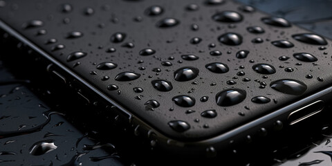 Smartphone in waterdrops, waterproof phone, wet phone. Drops on a smartphone