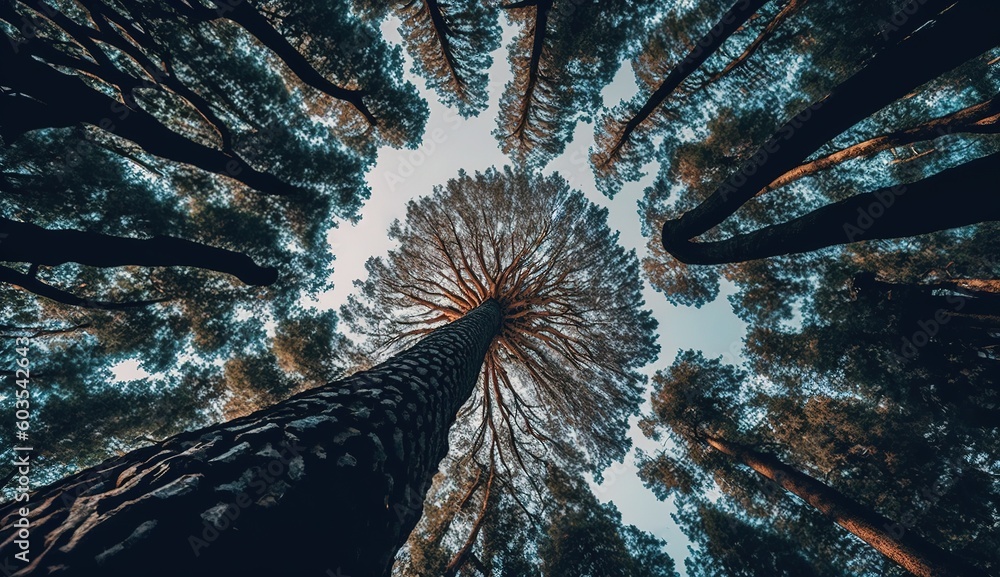 Aufkleber a bottom-up view of a woodland tree. generative ai