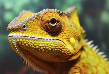 Fototapeta premium Yellow chameleon, close up view. Generative AI.