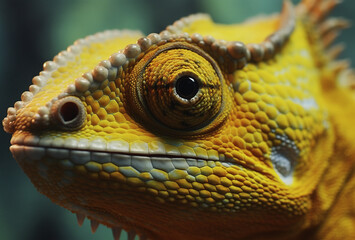 Fototapeta premium Yellow chameleon, close up view. Generative AI.