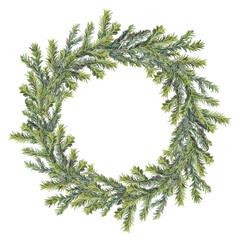 Watercolor green christmas tree fir wreath isolated on white background. Circle frame border template. Realistic hand-drawn clipart with copy space for new year celebration invite or wallpaper