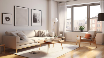 Naklejka na ściany i meble Generative AI, Scandinavian Minimalist Living Room