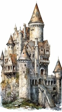 A medieval fantasy castle in an illustrated hand-drawn style, children's story book image, fairy tales, isolated on white, generative ai

