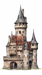 A medieval fantasy castle in an illustrated hand-drawn style, children's story book image, fairy tales, isolated on white, generative ai
