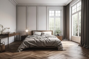 Fototapeta na wymiar Over a traditional bedroom with a double bed and velvet headboard, parquet flooring, and minimalist interior architecture, a wooden table top or shelf with contemporary minimalist Generative AI