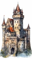 Fototapeta na wymiar A medieval fantasy castle in an illustrated hand-drawn style, children's story book image, fairy tales, isolated on white, generative ai 