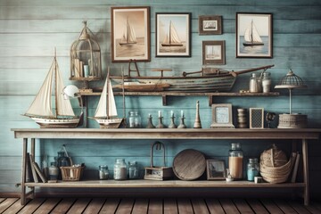 Obraz na płótnie Canvas On a wooden table are nautical boat shaped shelves and nautically themed items. filtered vintage. Generative AI