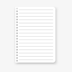 Sheet of notebook in realistic style on gray background. Vector illustration.