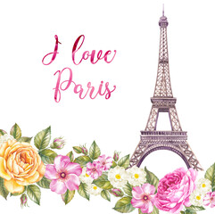 Fototapeta na wymiar Eiffel Tower spring watercolor illustration. Flowers and Paris.