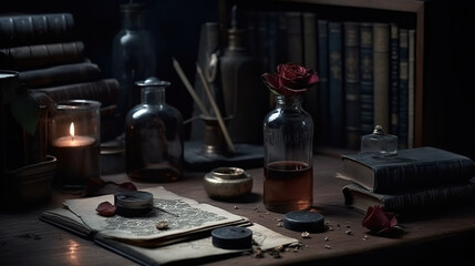 Obraz na płótnie Canvas A wooden table topped with books and a vase filled with flowers. Generative AI. Dark academia style, victorian style mansion interior design with wooden stairs.