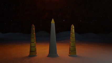 Obelisks in desert sand. Towering golden tip obelisk with smaller gold obelisks at sides.  3d render illustration