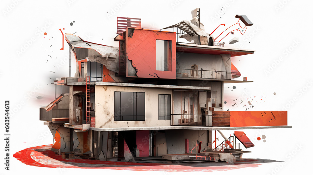 Poster a building with a lot of red paint on it. generative ai. weird and ugly architecture, unconventional