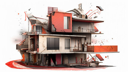A building with a lot of red paint on it. Generative AI. Weird and ugly architecture, unconventional composition and distorted forms.