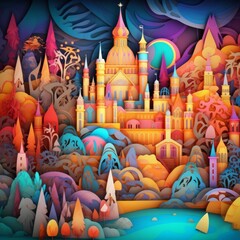 Digital illustration of a vibrant colorful fantasy castle, medieval, fairy tale storybook paper craft style diorama. Made in part with generative ai.
